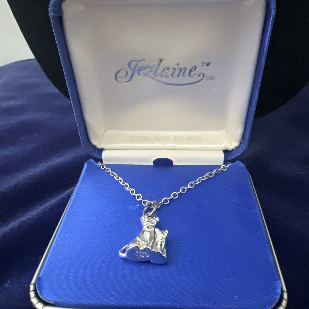 Jezlaine Jez Signed Sterling Silver Kitten Pendant Chain 18" Vintage